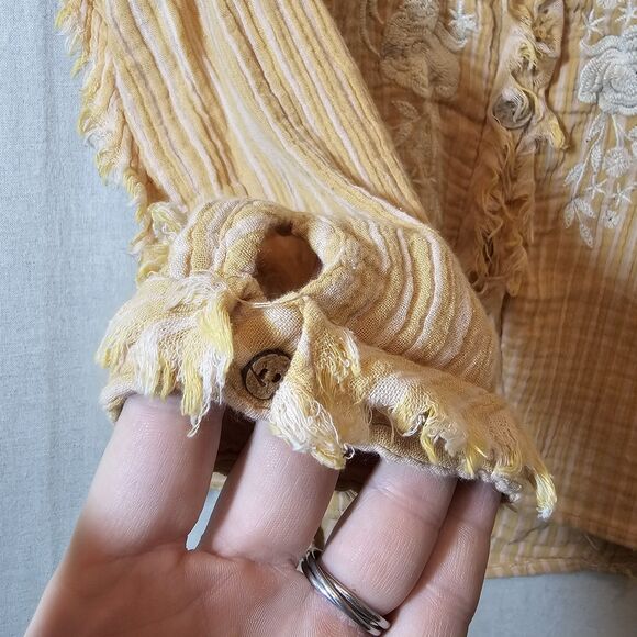 Kyla Seo Button Front Blouse Top Yellow Pink Embroidered Fray Art To Wear Small - Picture 8 of 10